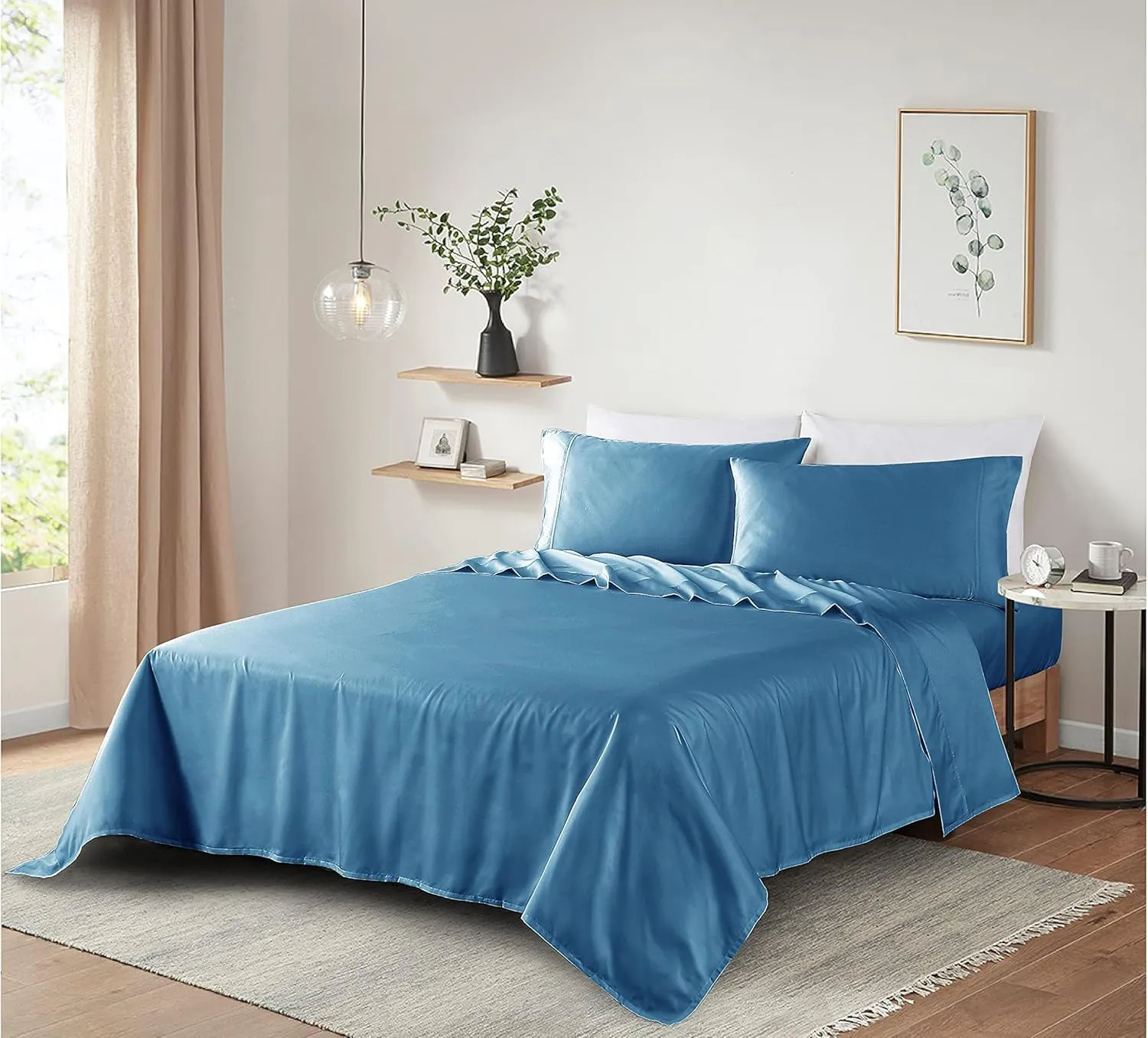100% Supima Cotton Sheets 600 Thread Count,Bed Sheet Set King Sheets 4 Pieces, Soft & Silky Sateen Weave, Fits Mattress Up to 18'',Deep Pocket, Breathable & Fade Resistant (Peacock Blue, King)