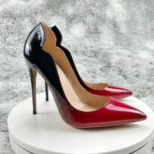10cm Gradient Red Black Women Curl Cut Pointed Toe Stiletto Pumps