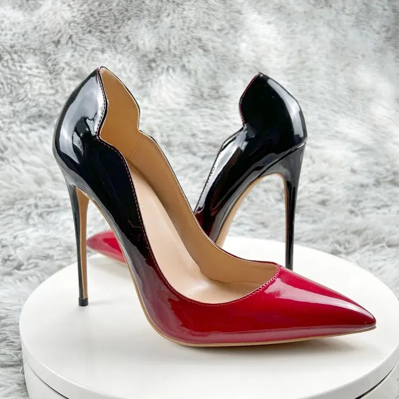 10cm Gradient Red Black Women Curl Cut Pointed Toe Stiletto Pumps