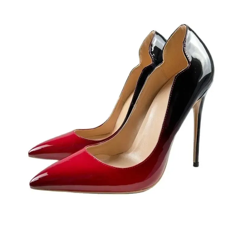 10cm Gradient Red Black Women Curl Cut Pointed Toe Stiletto Pumps