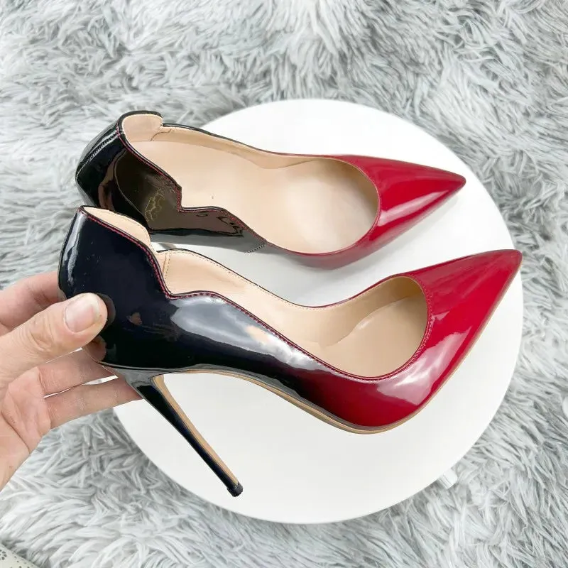 10cm Gradient Red Black Women Curl Cut Pointed Toe Stiletto Pumps