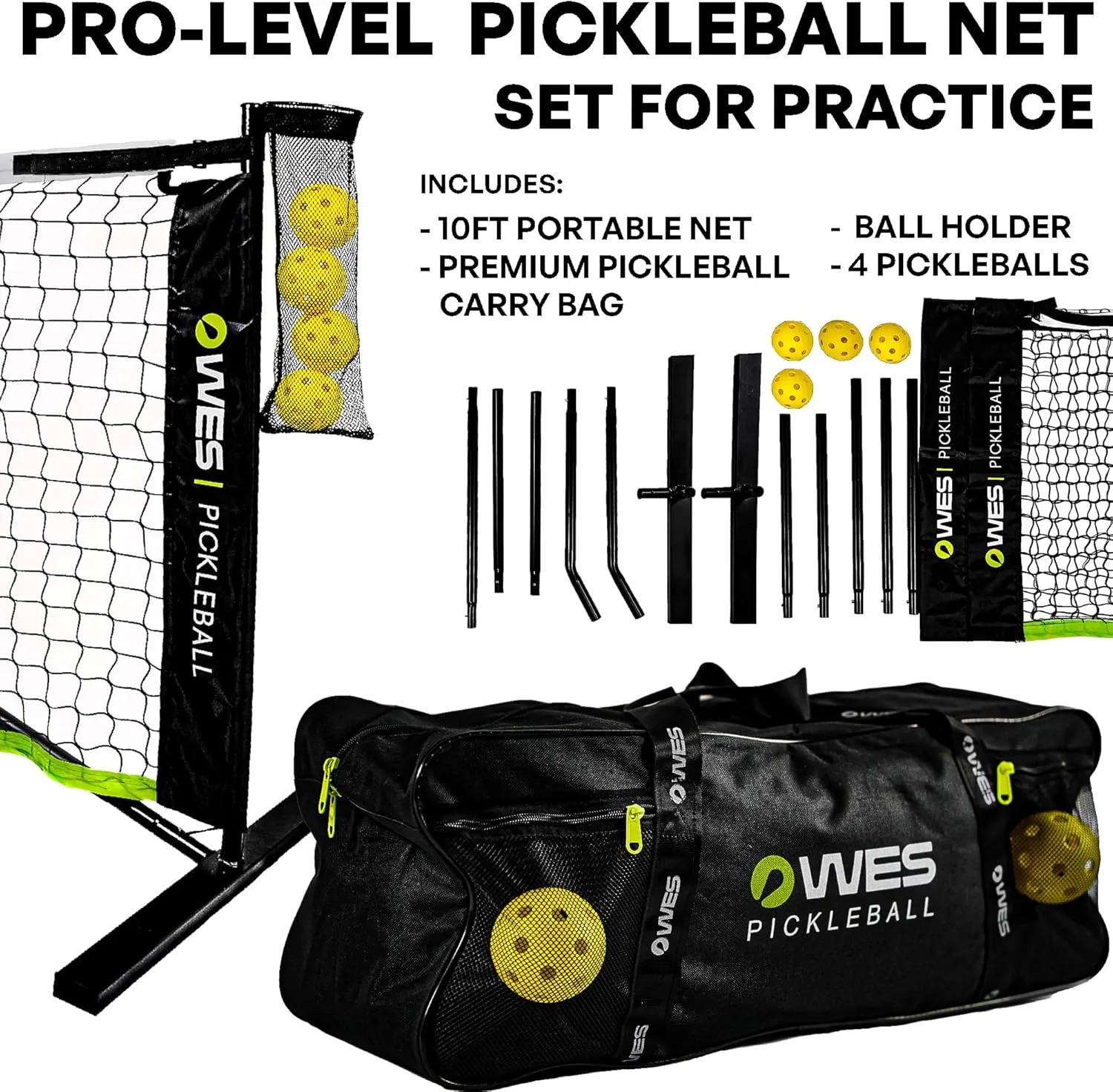 10ft Mini Pickleball Net Set – Half Court Pickleball Net with Ball Holder, Premium Travel Bag & 4 Pickleballs – Easy Setup, Heavy-Duty Frame & Reinforced Fabric Net for Driveway