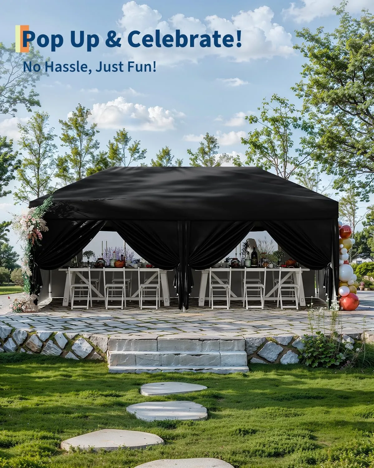 10x20 Pop Up Canopy Tent with 6 Sidewall - One-Button Instant Setup, Heavy-Duty 210D Oxford Fabric & Rust-Proof Frame - 3 Adjustable Heights, Roller Bag, 6 Sandbags - UV Protection for Beach, Party