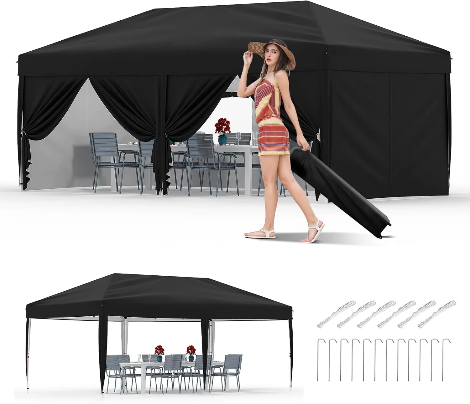 10x20 Pop Up Canopy Tent with 6 Sidewall - One-Button Instant Setup, Heavy-Duty 210D Oxford Fabric & Rust-Proof Frame - 3 Adjustable Heights, Roller Bag, 6 Sandbags - UV Protection for Beach, Party