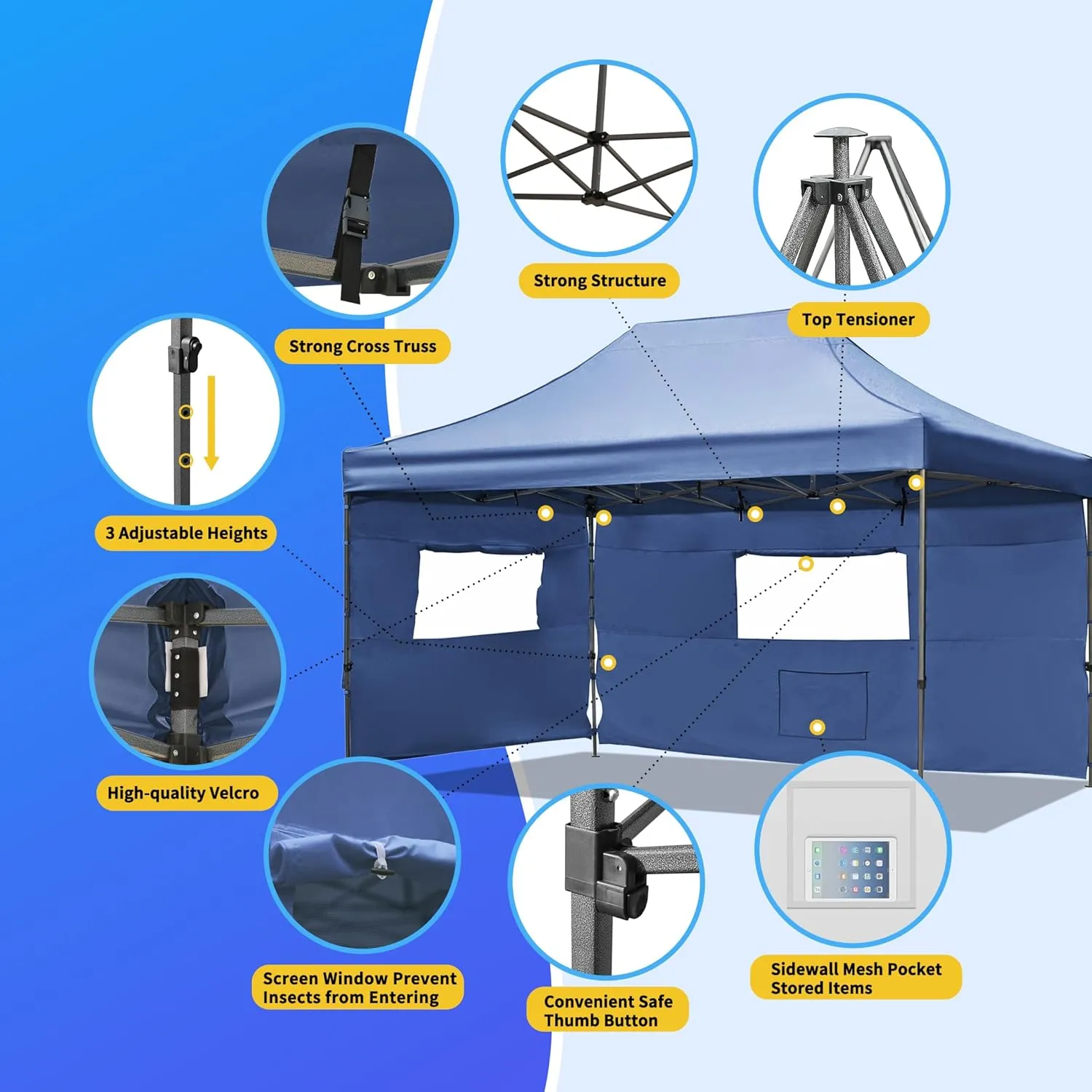 10x30 FT Pop Up Gazebo with Wheeled Bag, Easy Set up Canopy Tents with Sidewalls, Height Adjustable Tent Canopy for Weddings, Events, Backyard