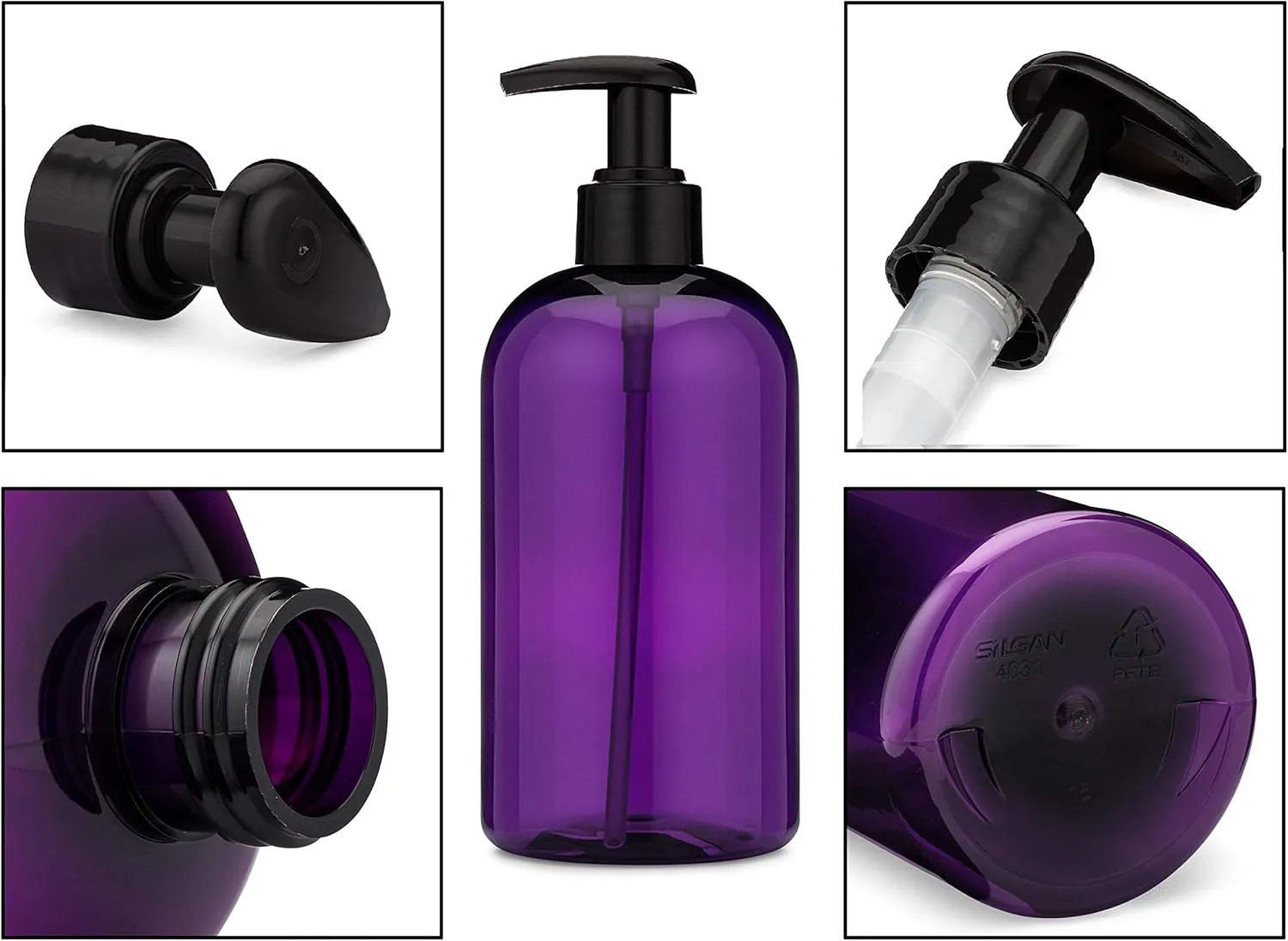 16 oz Empty Refillable Plastic Pump Bottles Dispenser FOR THICK PRODUCTS 6 Pk BPA Free Refillable Shampoo Lotion Soap Waterproof Labels USA (Purple with Black Lotion Pump, Damask Labels)