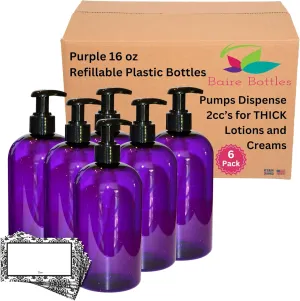 16 oz Empty Refillable Plastic Pump Bottles Dispenser FOR THICK PRODUCTS 6 Pk BPA Free Refillable Shampoo Lotion Soap Waterproof Labels USA (Purple with Black Lotion Pump, Damask Labels)