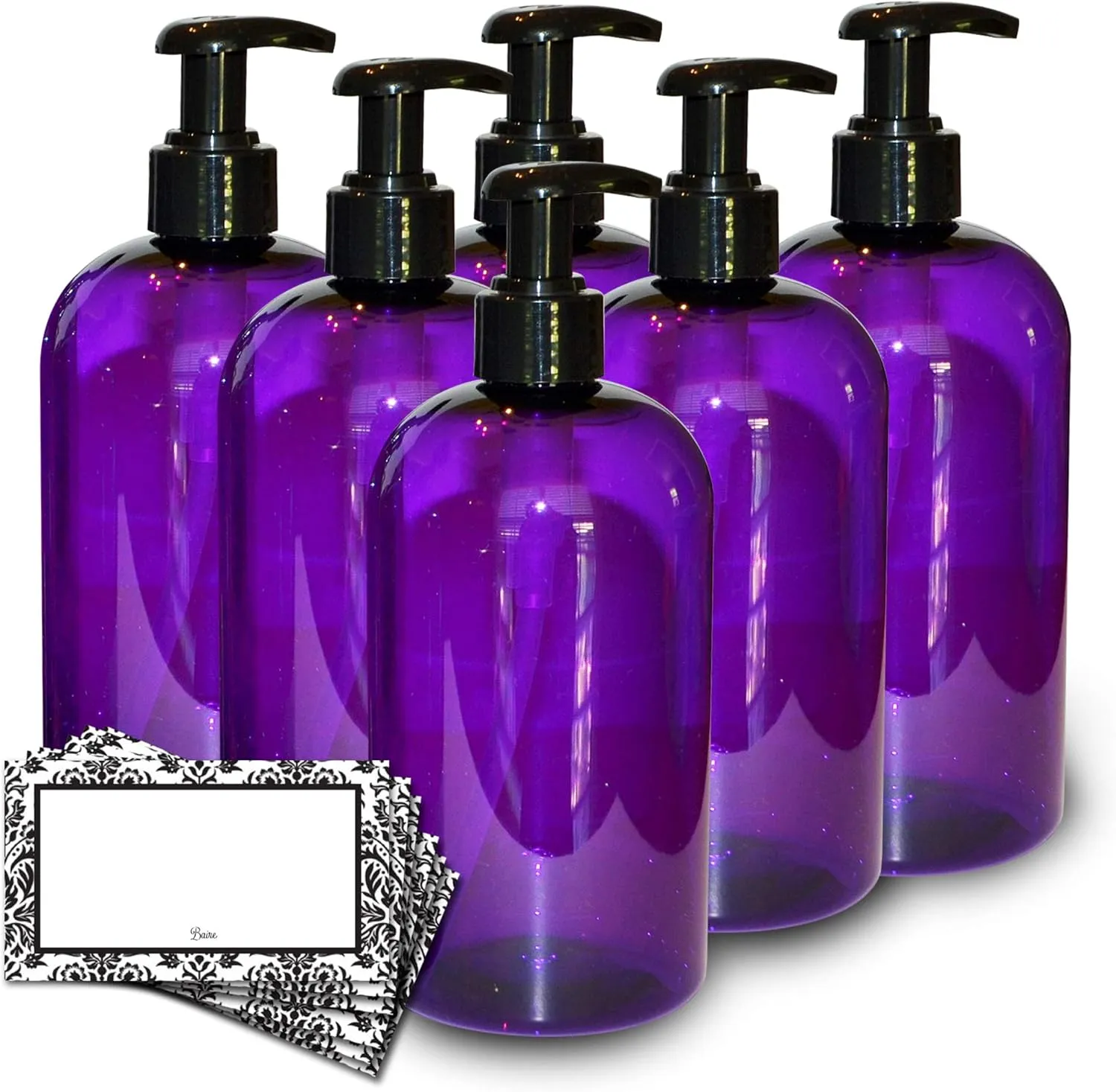 16 oz Empty Refillable Plastic Pump Bottles Dispenser FOR THICK PRODUCTS 6 Pk BPA Free Refillable Shampoo Lotion Soap Waterproof Labels USA (Purple with Black Lotion Pump, Damask Labels)