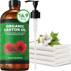 16.9 oz Castor Oil Organic Cold Pressed Unrefined Glass Bottle | 4 Pcs Castor Oil Pack Wrap Organic Cotton Reusable, Caster Oils Kit for Face, Hair, Eyelashes, Waist, Knee, Body