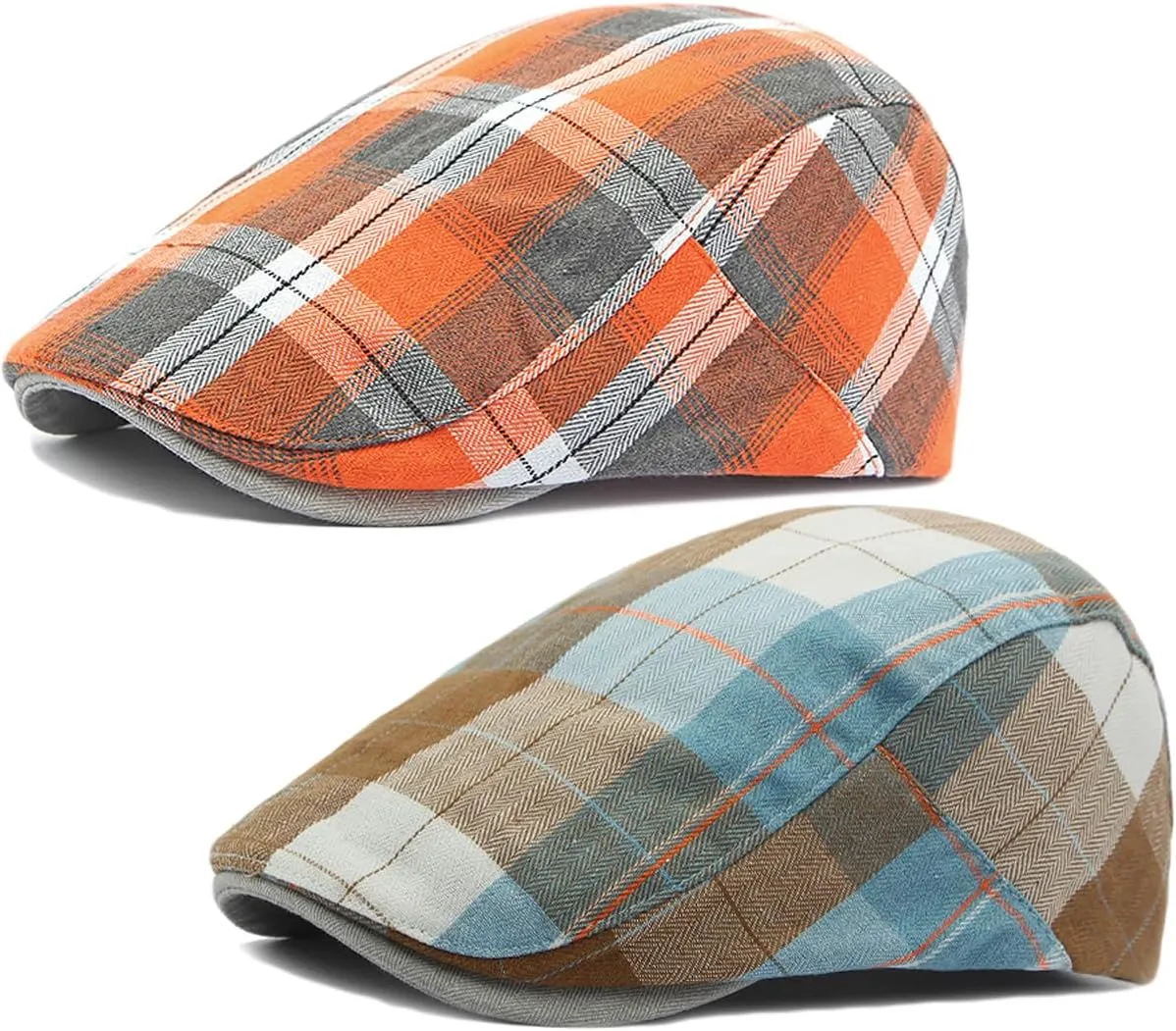 2 Pack Men's Newsboy Flat Cap Adjustable Plaid Ivy Gatsby Cabbie Driving Golf Hat Beret