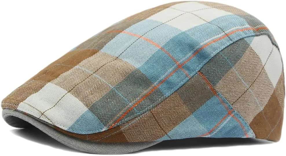 2 Pack Men's Newsboy Flat Cap Adjustable Plaid Ivy Gatsby Cabbie Driving Golf Hat Beret