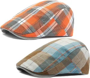 2 Pack Men's Newsboy Flat Cap Adjustable Plaid Ivy Gatsby Cabbie Driving Golf Hat Beret