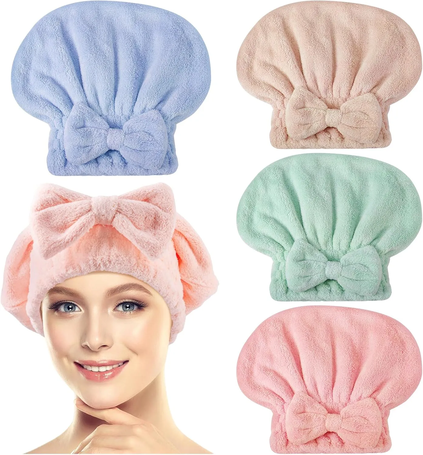 4 Pack Microfiber Hair Towel Cap,Super Absorbent Hair Towel Wrap Drying Hair Cap,Soft Microfiber Hair Drying Towel Cap with Bow-Knot,Anti Frizz Hair Turban Wrap for Curly Long Wet Hair