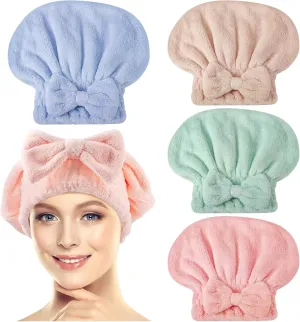 4 Pack Microfiber Hair Towel Cap,Super Absorbent Hair Towel Wrap Drying Hair Cap,Soft Microfiber Hair Drying Towel Cap with Bow-Knot,Anti Frizz Hair Turban Wrap for Curly Long Wet Hair