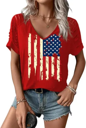 4th of July V Neck Patriotic T-Shirts Women American Flag Print Faith Family Freedom Letter Casual Short Sleeve Tee Tops