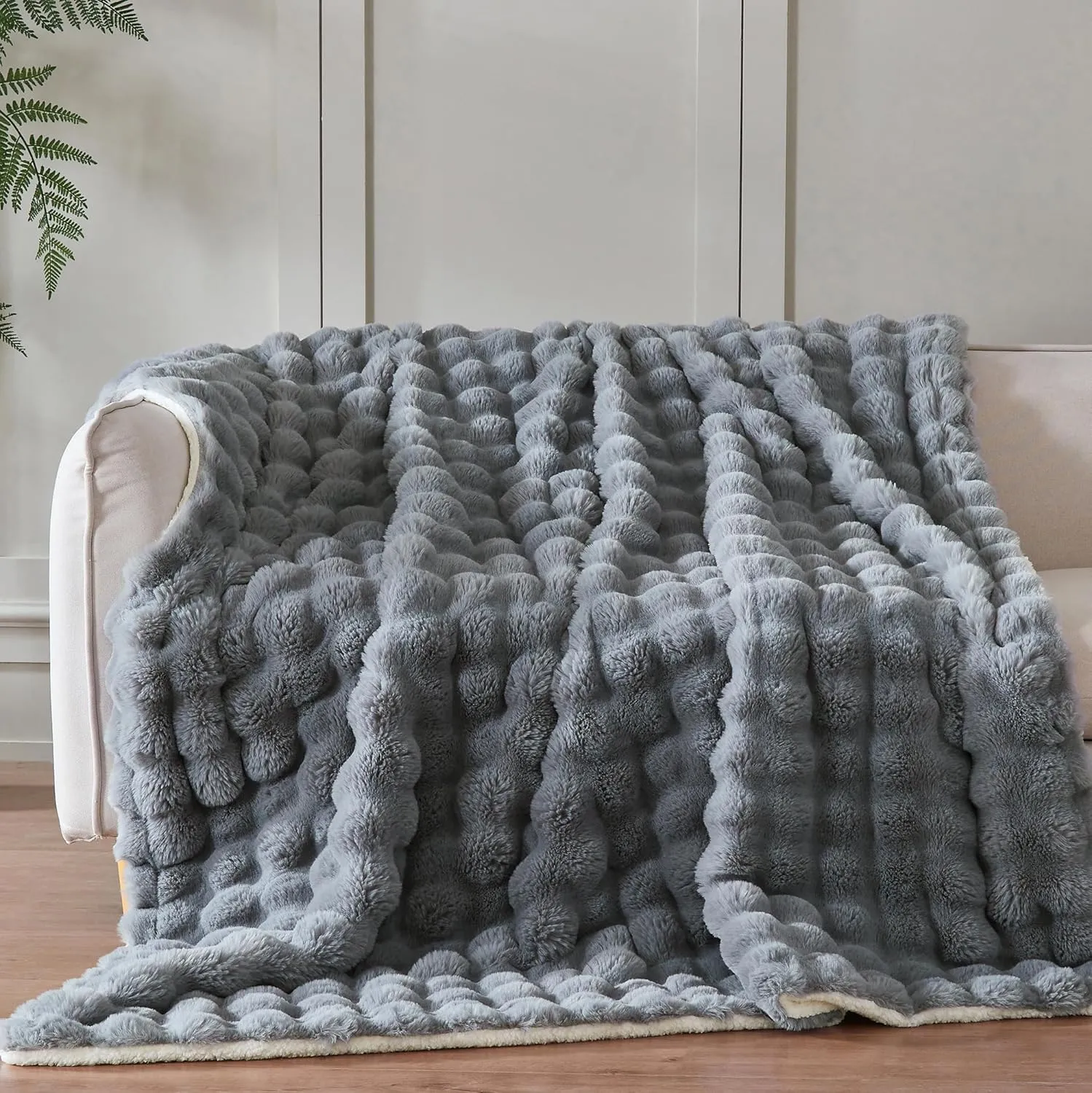 60x80 Inches Ultra-Soft Fuzzy Faux Fur Plush Twin Size Blanket - Thick, Warm Sherpa for Couch, Sofa, Bedroom, Camping - Decorative Blanket for Cozy Warmth, Bubble Grey
