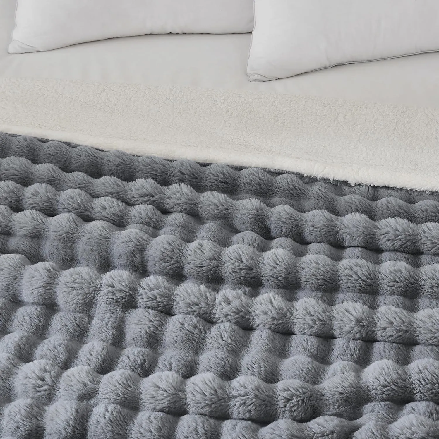 60x80 Inches Ultra-Soft Fuzzy Faux Fur Plush Twin Size Blanket - Thick, Warm Sherpa for Couch, Sofa, Bedroom, Camping - Decorative Blanket for Cozy Warmth, Bubble Grey