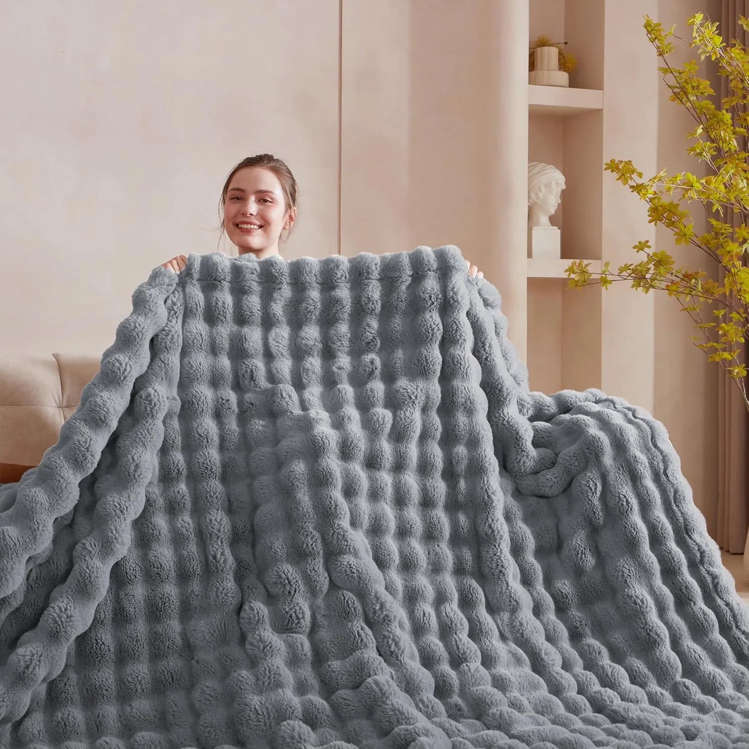 60x80 Inches Ultra-Soft Fuzzy Faux Fur Plush Twin Size Blanket - Thick, Warm Sherpa for Couch, Sofa, Bedroom, Camping - Decorative Blanket for Cozy Warmth, Bubble Grey