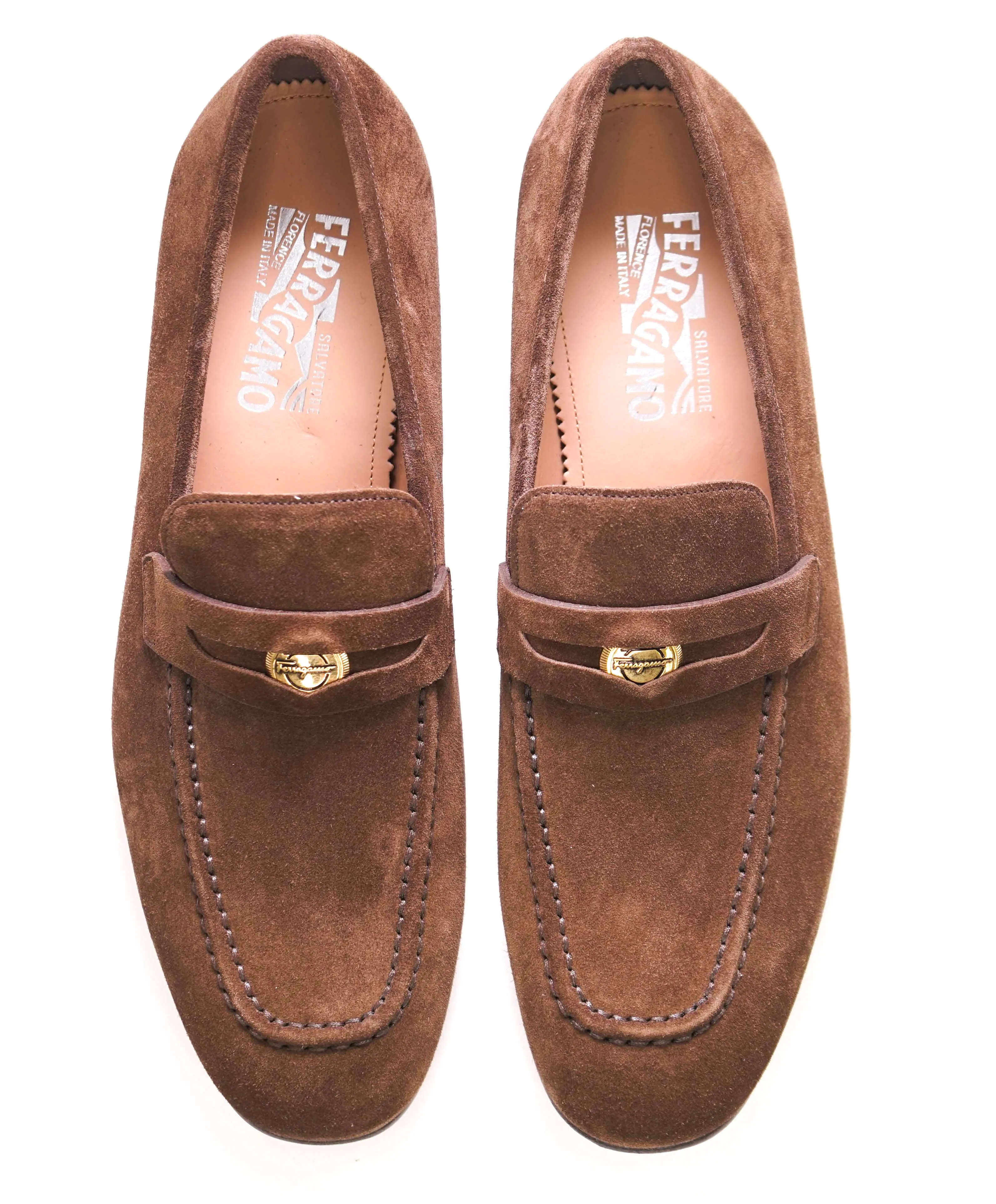 $850 SALVATORE FERRAGAMO - *MADISON* Brown Suede Logo Penny Loafer - 10.5 D US