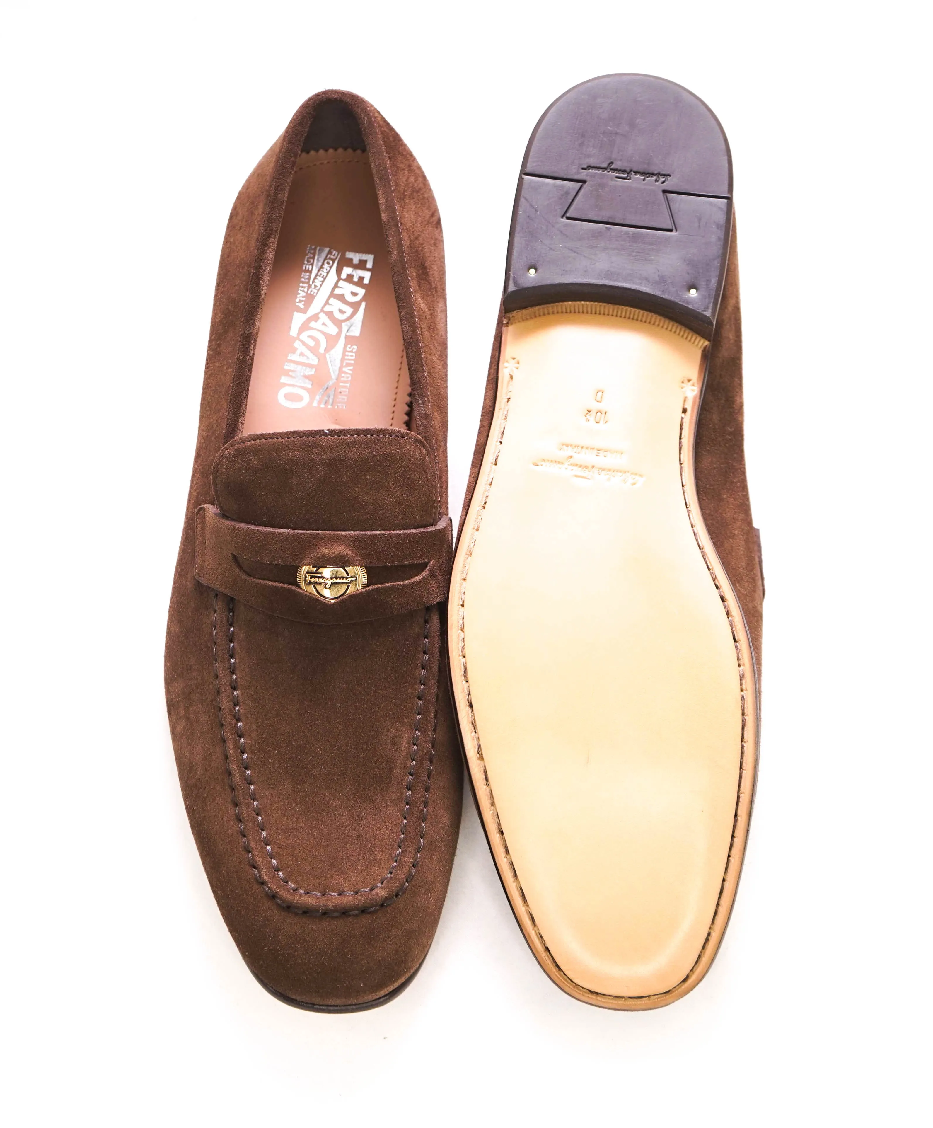 $850 SALVATORE FERRAGAMO - *MADISON* Brown Suede Logo Penny Loafer - 10.5 D US