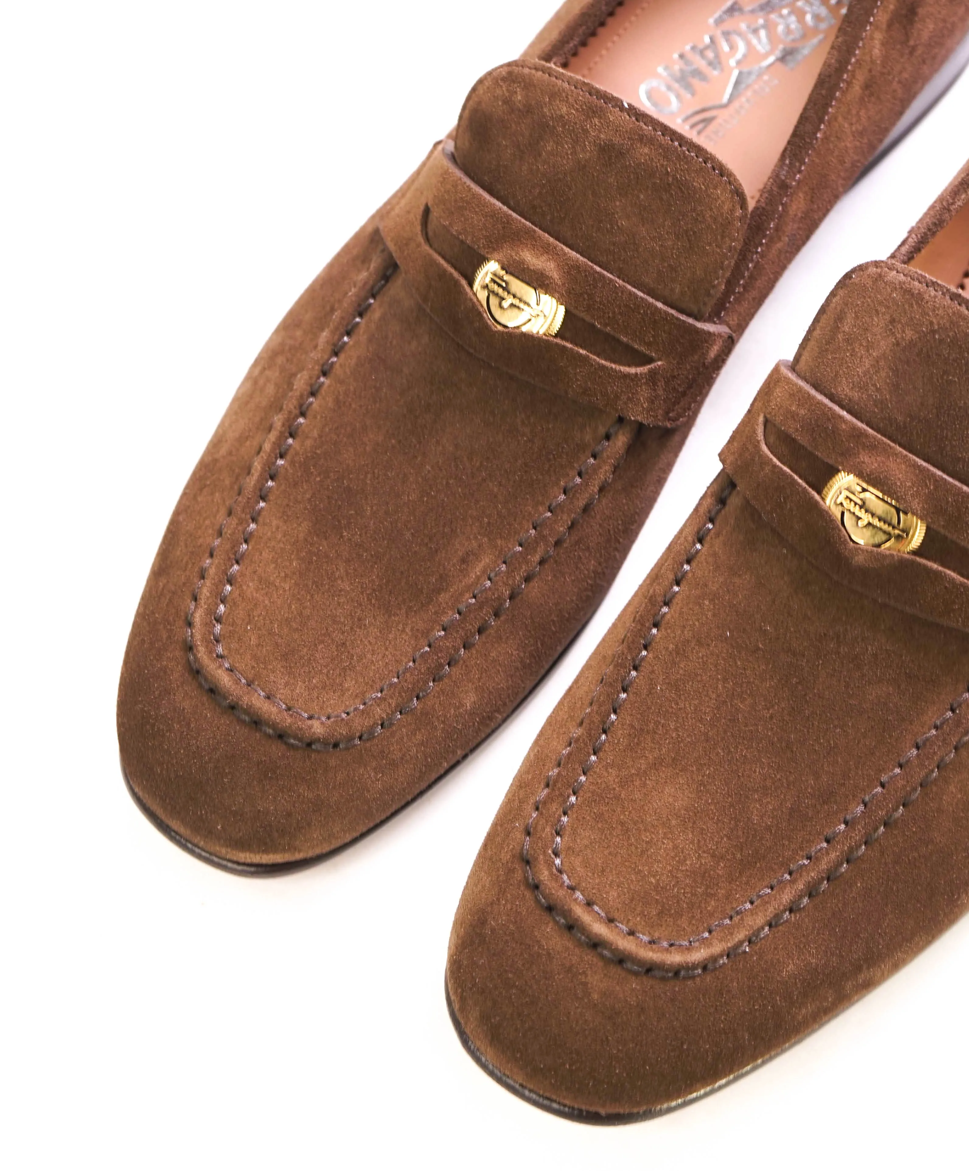 $850 SALVATORE FERRAGAMO - *MADISON* Brown Suede Logo Penny Loafer - 10.5 D US
