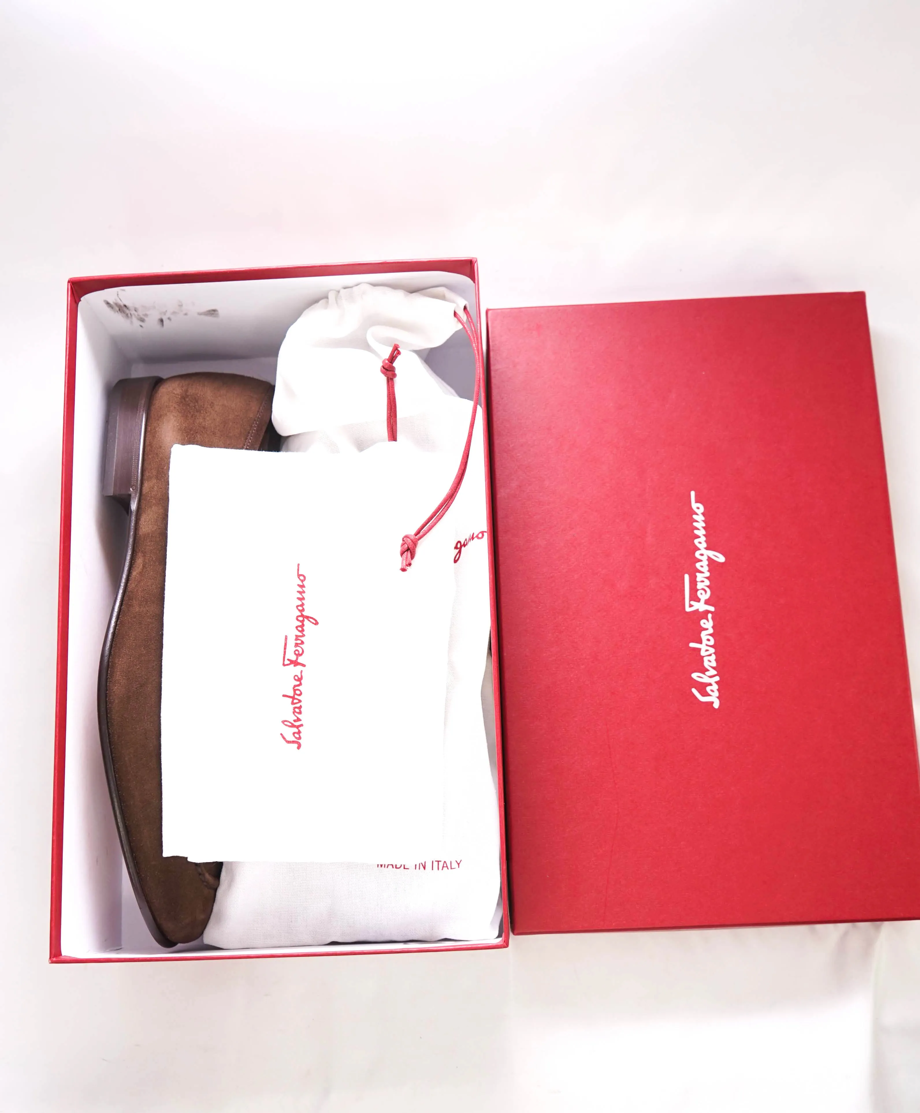 $850 SALVATORE FERRAGAMO - *MADISON* Brown Suede Logo Penny Loafer - 10.5 D US
