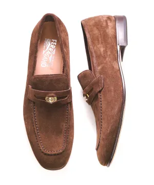 $850 SALVATORE FERRAGAMO - *MADISON* Brown Suede Logo Penny Loafer - 10.5 D US