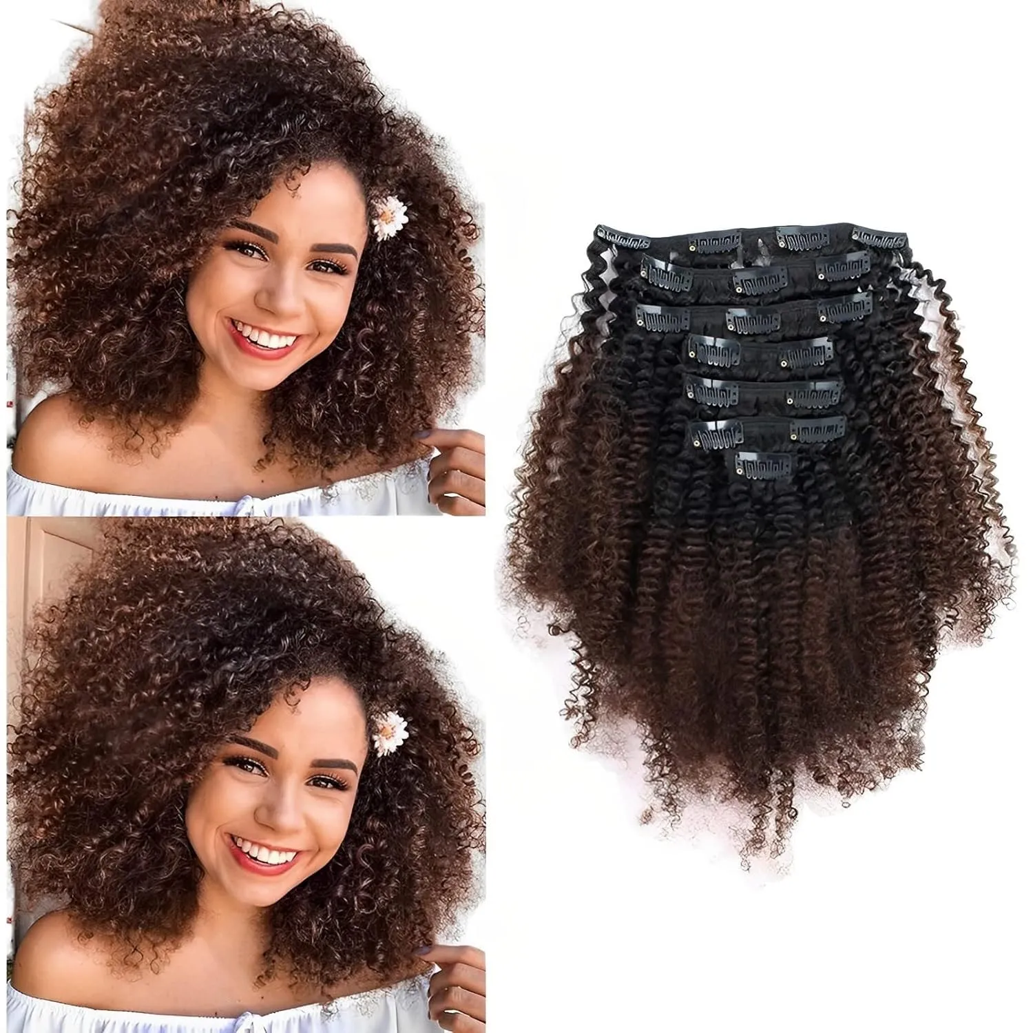 ABH AMAZINGBEAUTY HAIR Afro Curly Clip in Hair Extensions Real Human Hair 4A 4B Curly Clip ins for Black Women 120g 7 Pieces 17 Clips, Ombre 1B to Brown 12 Inch