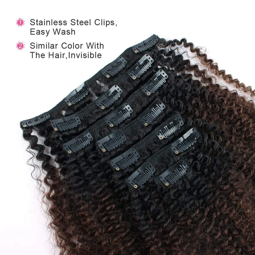 ABH AMAZINGBEAUTY HAIR Afro Curly Clip in Hair Extensions Real Human Hair 4A 4B Curly Clip ins for Black Women 120g 7 Pieces 17 Clips, Ombre 1B to Brown 12 Inch