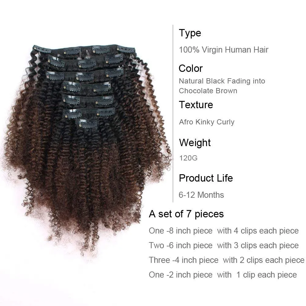 ABH AMAZINGBEAUTY HAIR Afro Curly Clip in Hair Extensions Real Human Hair 4A 4B Curly Clip ins for Black Women 120g 7 Pieces 17 Clips, Ombre 1B to Brown 12 Inch
