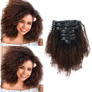 ABH AMAZINGBEAUTY HAIR Afro Curly Clip in Hair Extensions Real Human Hair 4A 4B Curly Clip ins for Black Women 120g 7 Pieces 17 Clips, Ombre 1B to Brown 12 Inch