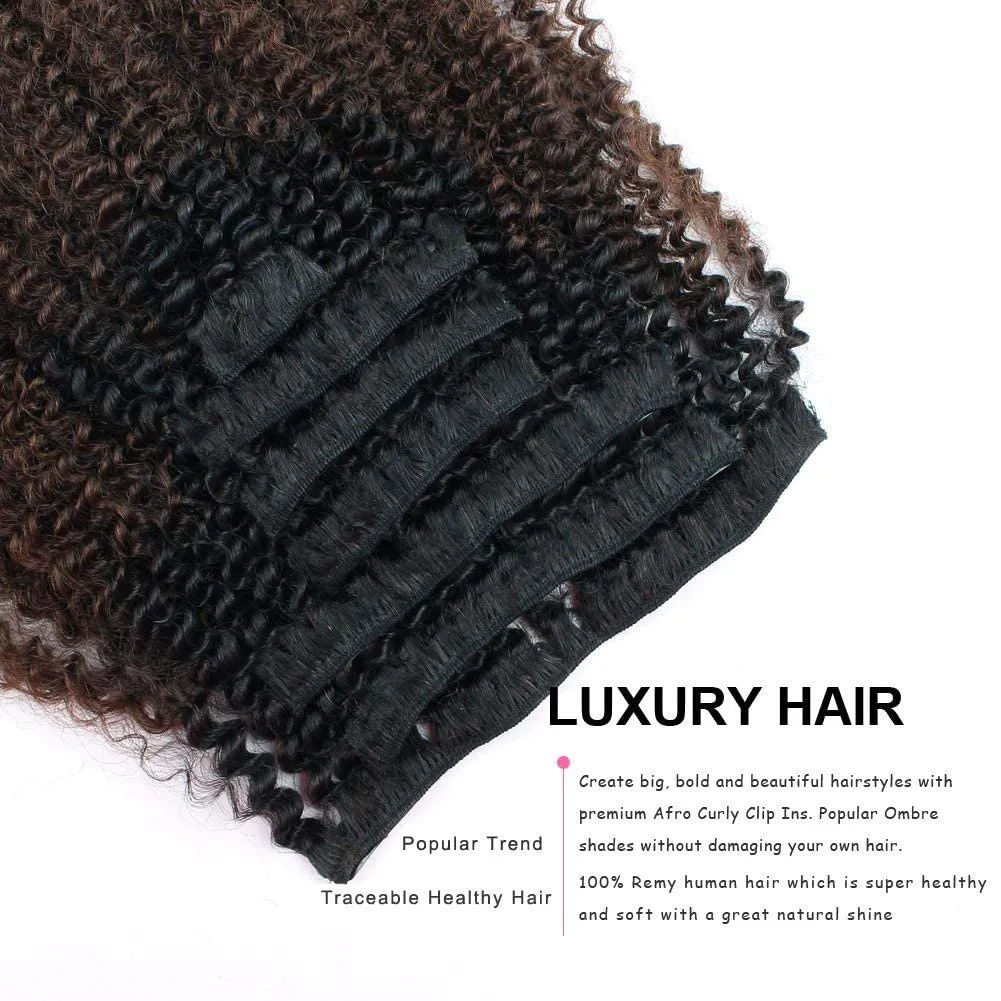 ABH AMAZINGBEAUTY HAIR Afro Curly Clip in Hair Extensions Real Human Hair 4A 4B Curly Clip ins for Black Women 120g 7 Pieces 17 Clips, Ombre 1B to Brown 12 Inch