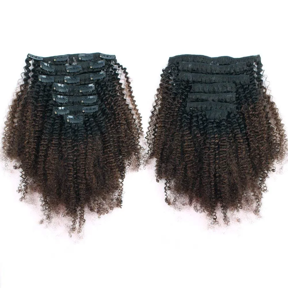 ABH AMAZINGBEAUTY HAIR Afro Curly Clip in Hair Extensions Real Human Hair 4A 4B Curly Clip ins for Black Women 120g 7 Pieces 17 Clips, Ombre 1B to Brown 12 Inch