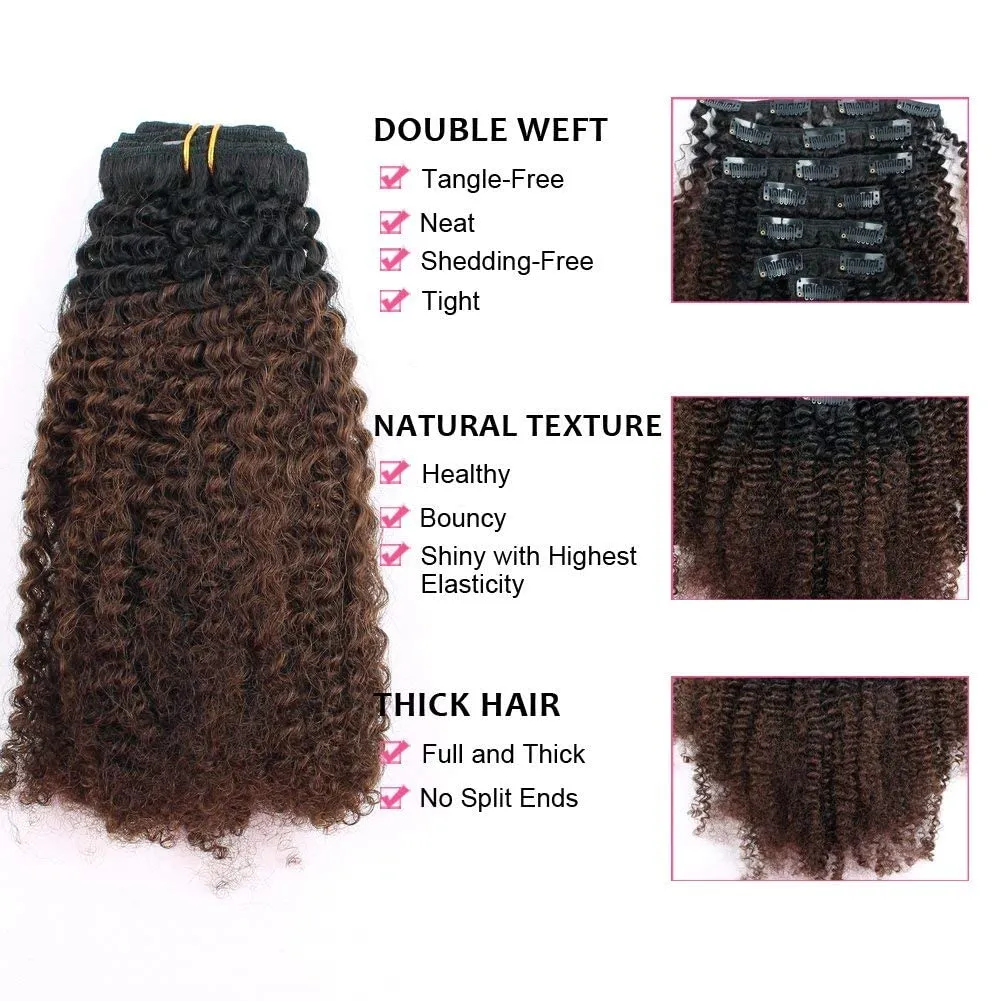ABH AMAZINGBEAUTY HAIR Afro Curly Clip in Hair Extensions Real Human Hair 4A 4B Curly Clip ins for Black Women 120g 7 Pieces 17 Clips, Ombre 1B to Brown 12 Inch