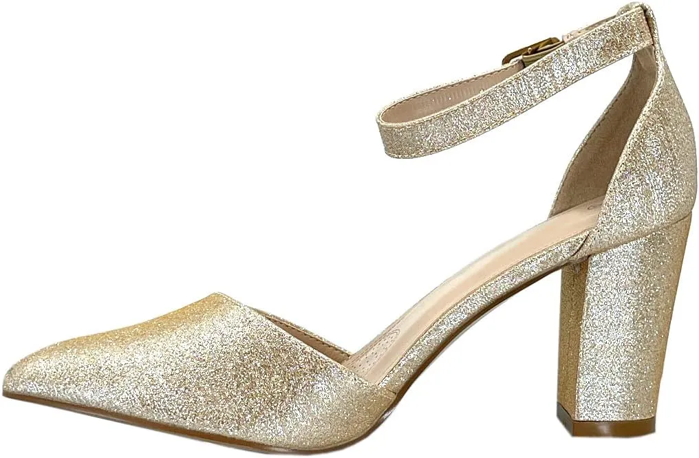 ABSOLEX Women's Pointy-Toe D'Orsay Ankle Strap Block Heel Dress Pump
