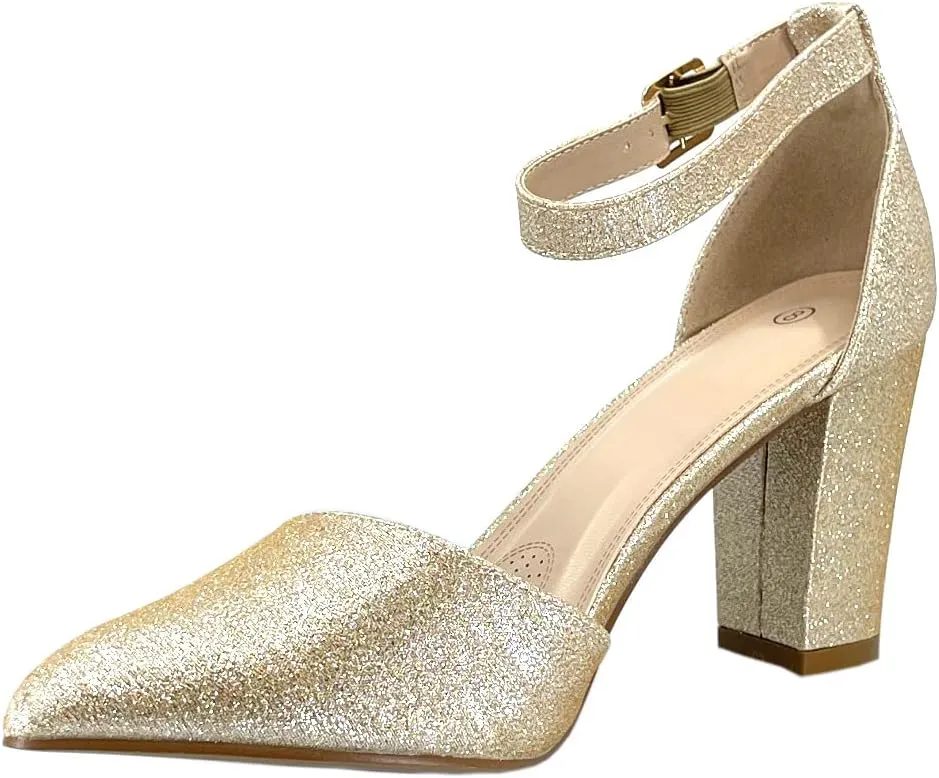 ABSOLEX Women's Pointy-Toe D'Orsay Ankle Strap Block Heel Dress Pump