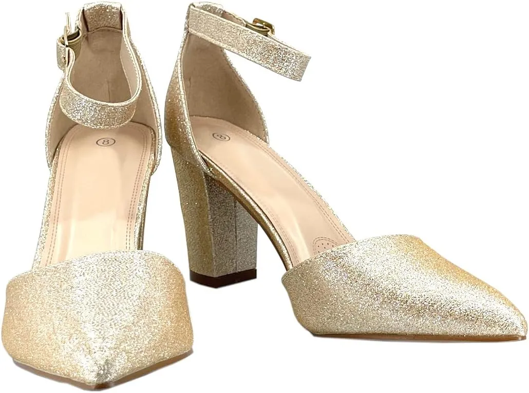 ABSOLEX Women's Pointy-Toe D'Orsay Ankle Strap Block Heel Dress Pump