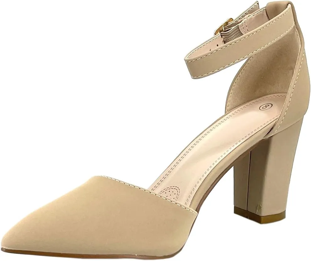 ABSOLEX Women's Pointy-Toe D'Orsay Ankle Strap Block Heel Dress Pump