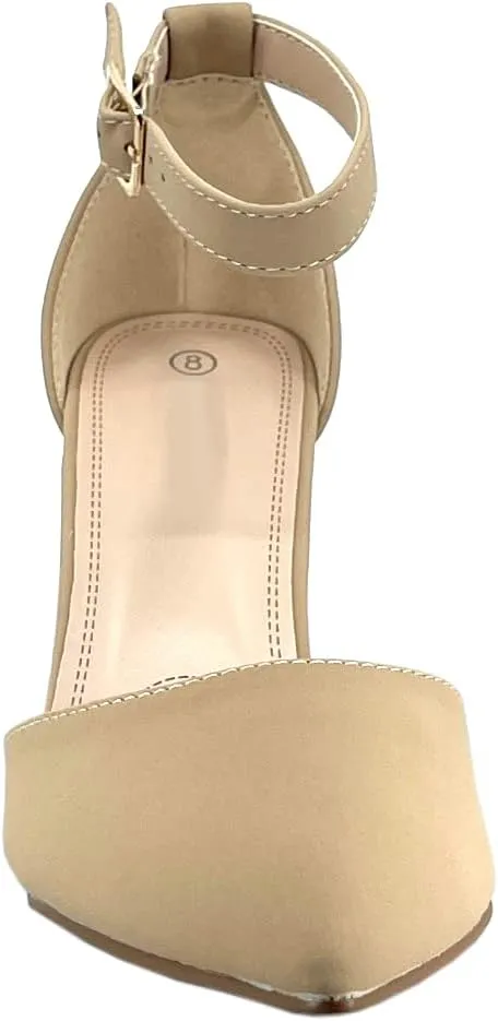 ABSOLEX Women's Pointy-Toe D'Orsay Ankle Strap Block Heel Dress Pump