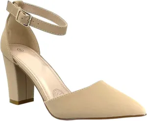 ABSOLEX Women's Pointy-Toe D'Orsay Ankle Strap Block Heel Dress Pump
