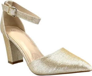 ABSOLEX Women's Pointy-Toe D'Orsay Ankle Strap Block Heel Dress Pump