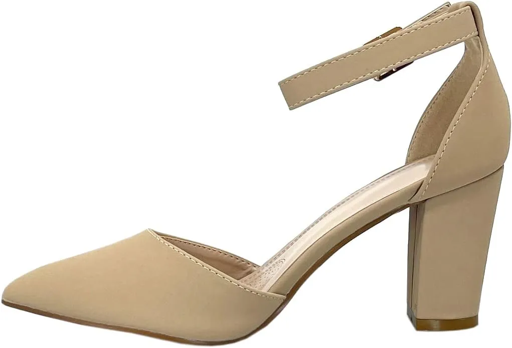 ABSOLEX Women's Pointy-Toe D'Orsay Ankle Strap Block Heel Dress Pump