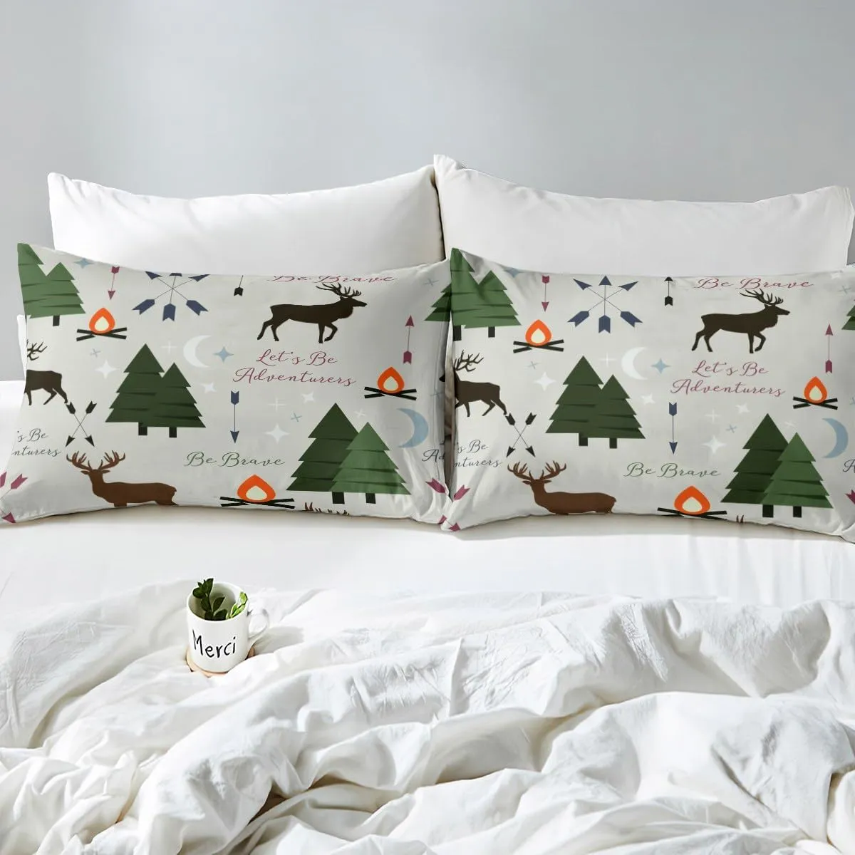 Adventure Deer Sheet Set Full Size,Cartoon Pine Tree Jungle Animals Bedding Set,Arrow and Stars Moon Bed Sheet for Kids Girls Boys Adult Room Decor Rustic Camping Fitted   Flat Sheet Green 4Pcs