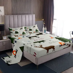 Adventure Deer Sheet Set Full Size,Cartoon Pine Tree Jungle Animals Bedding Set,Arrow and Stars Moon Bed Sheet for Kids Girls Boys Adult Room Decor Rustic Camping Fitted   Flat Sheet Green 4Pcs