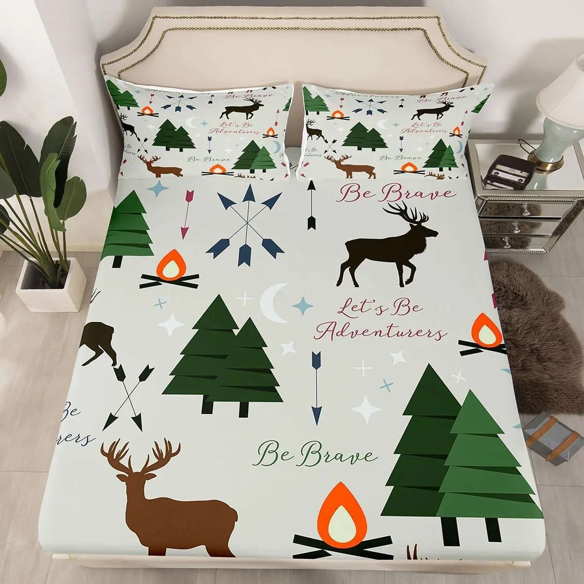 Adventure Deer Sheet Set Full Size,Cartoon Pine Tree Jungle Animals Bedding Set,Arrow and Stars Moon Bed Sheet for Kids Girls Boys Adult Room Decor Rustic Camping Fitted   Flat Sheet Green 4Pcs