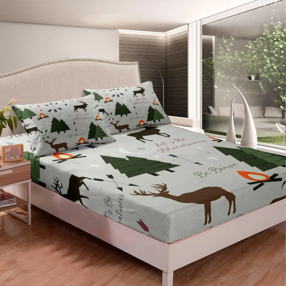Adventure Deer Sheet Set Full Size,Cartoon Pine Tree Jungle Animals Bedding Set,Arrow and Stars Moon Bed Sheet for Kids Girls Boys Adult Room Decor Rustic Camping Fitted   Flat Sheet Green 4Pcs
