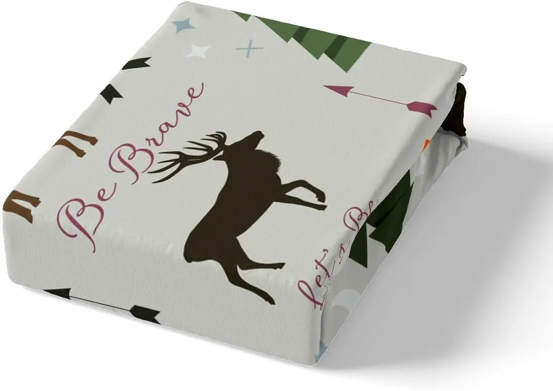 Adventure Deer Sheet Set Full Size,Cartoon Pine Tree Jungle Animals Bedding Set,Arrow and Stars Moon Bed Sheet for Kids Girls Boys Adult Room Decor Rustic Camping Fitted   Flat Sheet Green 4Pcs