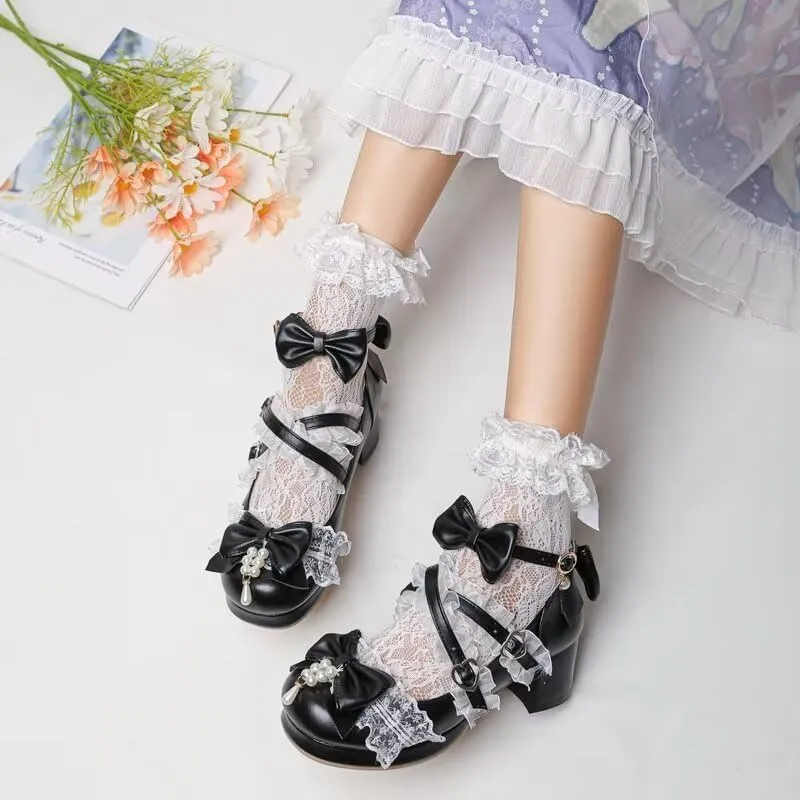 Agodor Women's Cute Bow High Heels Shoes Chunky Platform Mary Jane Cosplay Strappy Pumps Shoes