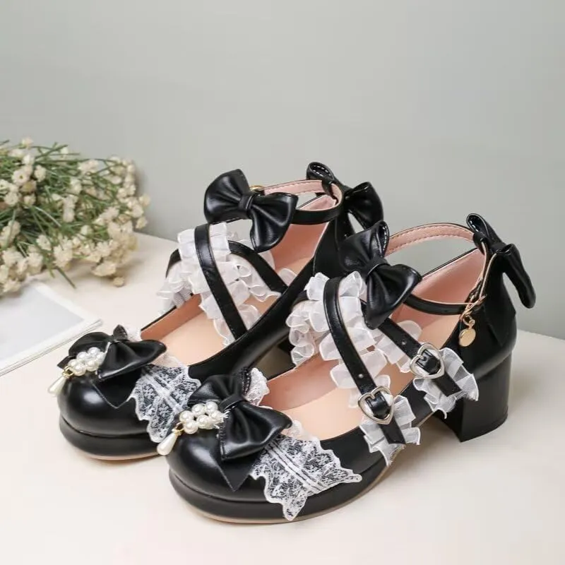 Agodor Women's Cute Bow High Heels Shoes Chunky Platform Mary Jane Cosplay Strappy Pumps Shoes