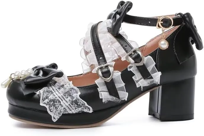 Agodor Women's Cute Bow High Heels Shoes Chunky Platform Mary Jane Cosplay Strappy Pumps Shoes